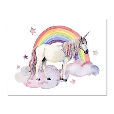 Image of Wee Blue Coo Unicorn Watercolour Rainbow Large Framed Art Print Wall Poster 18x24 inch