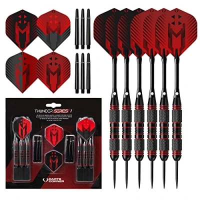 Image of Darts Corner X1066 Thunder 24 Piece Steel Tip Dart Set with 24g Barrels, Flights and Aluminium Shafts, Series 1, Black/Red