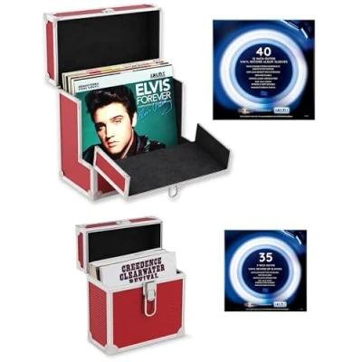 Image of Retro Musique Aluminium 12&quot; Vinyl Record Storage Case Includes 40 Outer Sleeves &amp; 7&quot; EP 35 (Red)
