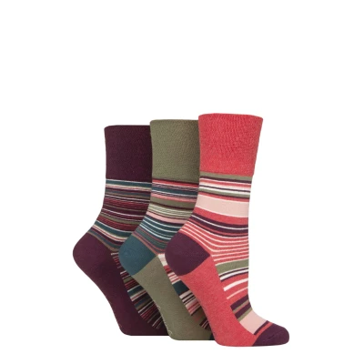 Image of Women&#039;s 3 Pair Gentle Grip Cotton Patterned and Striped Socks Wilderness Stripe Purple 4 8