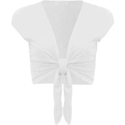 Image of LADIES TRENDY TIE UP CAP SLEEVES WOMEN SHRUG BOLERO TOP GIRLS WRAP CARDIGAN 8 14 (S/M, Cream)