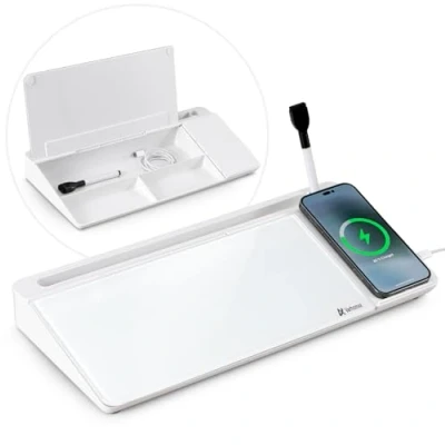 Image of Varhomax Glass Desk Whiteboard with Wireless Charger, Desktop Dry Erase White Board Storage, Buddy to Do List Memo Notepad for Home and Office