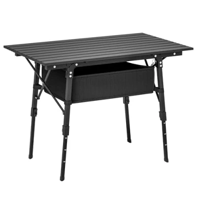 Image of Outsunny Folding Camping Table, 90 x 55 cm Height Adjustable Portable Collapsible 3ft Lightweight Aluminium Rollup Picnic Table with Storage Basket for Outdoor Garden Party BBQ, Black