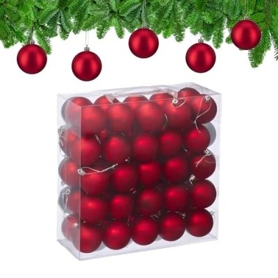 Image of Relaxdays Christmas Baubles, Set of 50, Tree Ornaments, Holiday Decorations, Plastic, Shatterproof, 6 cm, Matte, Red