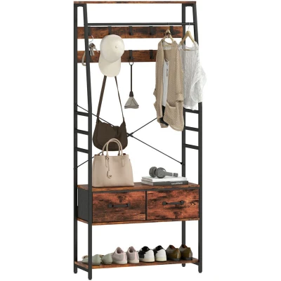 Image of HOMCOM Coat Rack with Shoe Storage, Bench and 10 Hooks, Rustic Brown