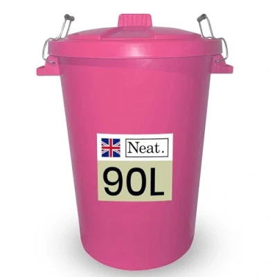 Image of Neat. 90L Bin Coloured Large Plastic Bins, Heavy Duty Kitchen with Metal Handle Dustbin Lid For Easy Refusal, Garden Indoor Outdoor Rubbish Waste or Storage of Animal Feed, Pink 1Pack