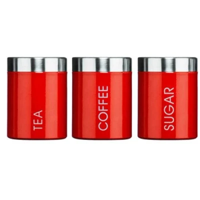 Image of Set of 3 Tea Coffee Sugar Kitchen Storage Canisters Jars Pots Containers Tins (Red)