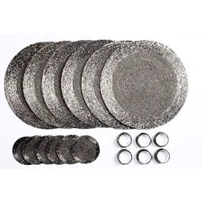 Image of Penguin Home Handcrafted Glass Beaded Round Placemats, Coasters &amp; Napkin Rings Set of 18 Handmade Table Place Mats for Dining 32 cm (13&quot;) Diameter (Silver and Antique Silver)