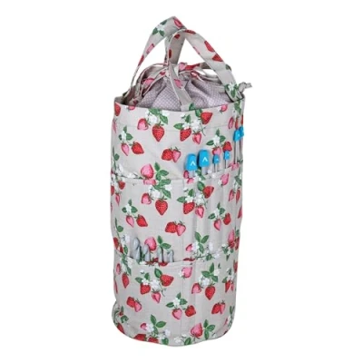 Image of Hobby Gift Knitting Bag Drawstring Yarn Storage Craft Project Tote Accessory Hook Needle Pockets, Cotton, Natural Strawberries, 15 x 41 19.5cm