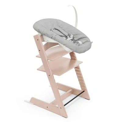 Image of Stokke Tripp Trapp Chair (Serene Pink) with Newborn Set (Grey) Cosy, Safe &amp; Simple to Use for Newborns Up 20 lbs