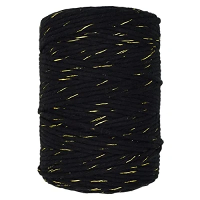 Image of Macrame Cord Twine Natural Cotton String Craft Artisan Thread Twisted Macramé (Black with Gold Thread, 3 mm x 200 m / 656 ft)