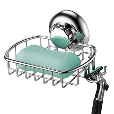 Image of MaxHold No Drilling/suction Cup Soap Basket Dish Holder with Hook Vaccum System Stainless Steel Sponge for Bathroom &amp; Kitchen