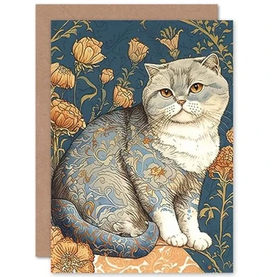 Image of Artery8 Cute Cat with Floral Pattern Fur and Autumn Flower Blooms Art Nouveau Modern Illustration Birthday Sealed Greeting Card Plus Envelope Blank inside