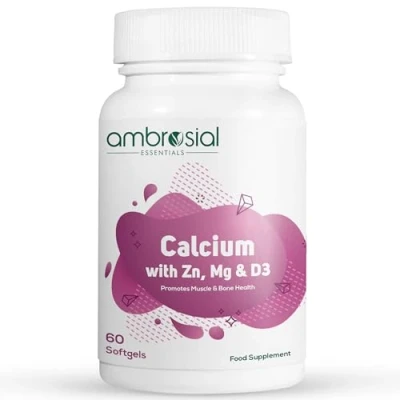Image of Ambrosial Calcium Magnesium Zinc with Vitamin D3 High Potency Supplement for Bone Health, Muscles &amp; Teeth Highly Bioavailable Citrate Formula 60 Softgels