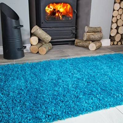 Image of Ontario Teal Blue Fireside Fireplace Mantelpiece Hearth Shaggy Shag Fluffy Living Room Area Rug
