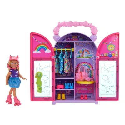 Image of Barbie Chelsea Doll &amp; Closet Toy Playset with 15 Pieces Clothes Accessories Included, Foldable Set for On The Go Play Storage, HXN03