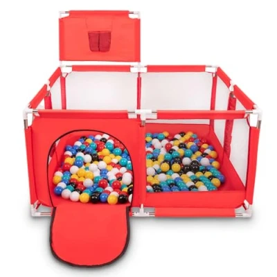Image of Selonis Square Play Pen Filed with 200 Balls Basketball, Red:Black/White/Blue/Red/Yellow/Turquoise