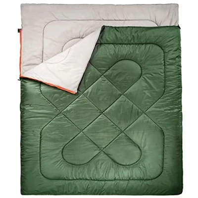 Image of Amazon Basics Lightweight, Warm 3 Season Backpacking Rectangular Sleeping Bag For Camping and Hiking, Two Person Queen Sized, Double, Olive Green