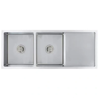 Image of vidaXL Handmade Stainless Steel Double Bowl Sink 111.5x44x20cm, Satin Finish, with Sound Reduction Pads, Multi Installation Kitchen Basin
