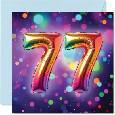 Image of 77th Birthday Cards for Women Men Rainbow Foil Balloon Happy Card 77 Year Old Woman Man Sister Grandad Nan Nanny, 145mm Bday Greeting