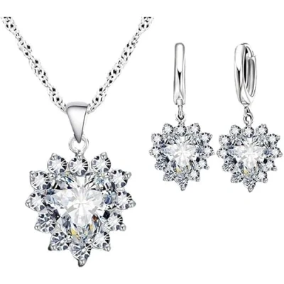 Image of FDEETY Jewellery Set for Women Crystal Heart Pendant Necklace Earrings Wedding Prom Jewelry Birthday Gifts (White)