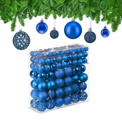 Image of Relaxdays Christmas Baubles Set of 150, Glittering, Matt &amp; Shiny Surfaces, Tree Ornaments, Plastic, ∅ 3, 4 6 cm, Blue, 7 x cm