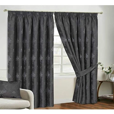 Image of Householdfurnishing Redy Made Luxury Jacquard Fully Lined Curtain Pair Pencil Pleat With Free Tie Backs (Dark Grey Curtain, 46&quot; X 54&quot;)
