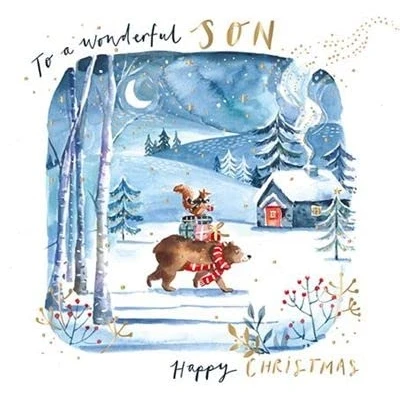 Image of Ling Design Artistic Christmas Greeting Card Wonderful Son Special Delivery Bear With Gifts Embossed a Gold Foil Finish &amp; Embellishments From The Collection