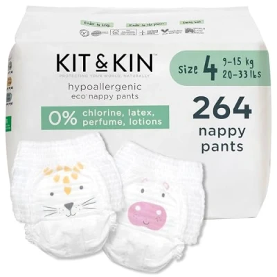 Image of Kit &amp; Kin Premium Eco Nappy Pants Size 4 Maxi Pull Ups Hypoallergenic Plant based Vegan Chlorine Free Superior up to 12 Hour Leak Protection 9 15 kg / 20 33 lbs Pack of 264