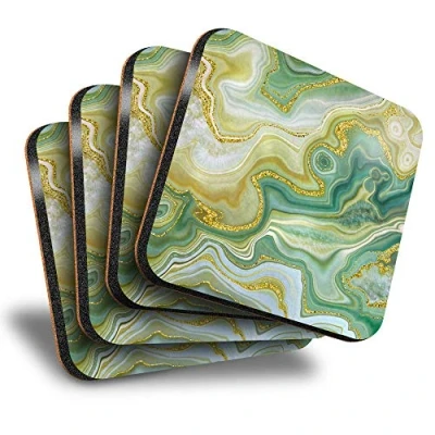 Image of Destination Vinyl ltd Great Coasters (Set of 4) Square Green Jade Agate Marble Effect Drink Glossy Coasters/Tabletop Protection for Any Table Type #21516