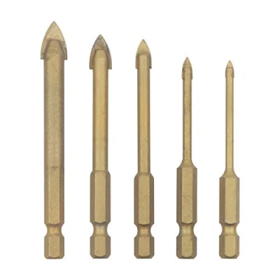 Image of Unxuey 5pcs Hex Shank 1/4 Inch Glass Drill Bits Set Cross Spear Head Titanium Coated Bit for Ceramic Tile Marble Mirror Glass, 3mm, 4mm, 6mm, 8mm, 10mm