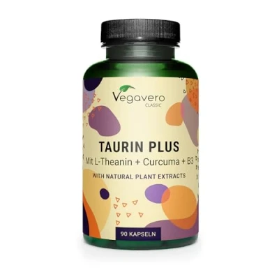 Image of Vegavero L Taurine 1000 mg Capsules with Theanine, Turmeric, Black Pepper Extract and Vitamin B3 NO Additives Lab Tested Vegan