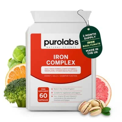 Image of Iron Complex Supplement 60 Vegan Capsules Gentle Bisglycinate for Men and Women with Vitamin C, Folic Acid, B2 B12 Made in The UK by Purolabs