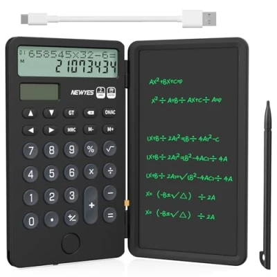Image of NEWYES Portable Calculator with Notepad, 2 Line 12 Digits Large Display, Rechargeable Solar Power Desk for Office School Students (Black)