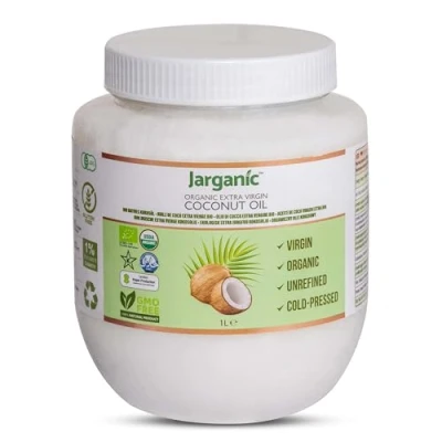 Image of Organic Coconut Oil 1L (1000ml) for Cooking Baking Hair Skin Body Face Extra Virgin, Natural, Pure, Cold Pressed, Unrefined Vegan Keto Paleo Gluten Free Jarganic