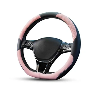 Image of Ergocar Sport D shape Car Steering Wheel Cover Non slip Protector Microfiber Breathable PU Leather Universal For type Diameter 38cm(15&quot;) (Pink)