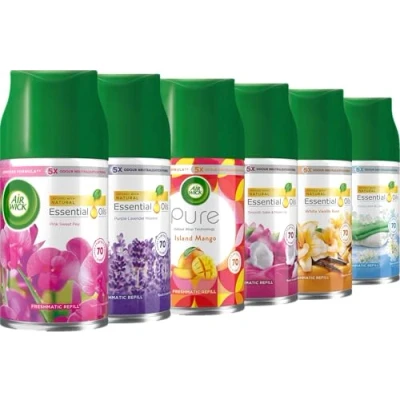 Image of Air Wick Automatic Freshener Freshmatic Spray Refills: Crisp Linen &amp; Lilac, Island Mango, Pink Sweet Pea, Purple Lavender Meadow, Satin Moon Lily, White Vanilla Bean Mixed fragerence 6 x 250ml
