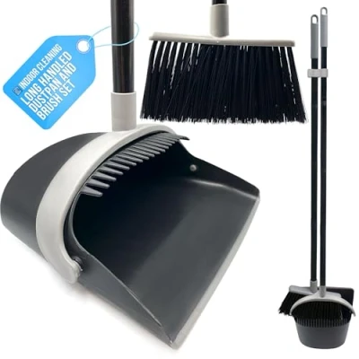 Image of Long Handled Dustpan and Brush Set with Built In Teeth Comb Indoor Broom for Sweeping 180 Sweivel Dust Pan Sets (Black Grey)