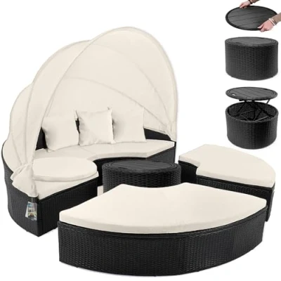 Image of CASARIA® Poly Rattan Sun Island Ø 185cm Foldable Canopy WPC Extendable Side Table Weatherproof lounger Day Bed 7cm Thick Cushions 3 Outdoor Garden Patio Furniture Set Black Cream