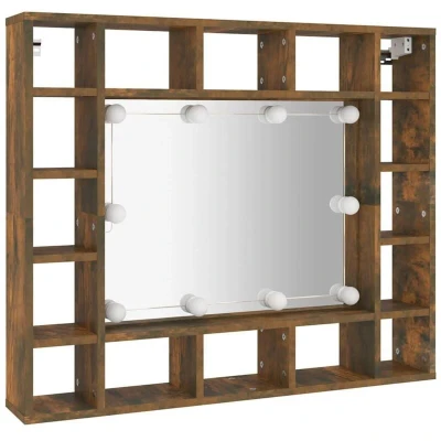 Image of vidaXL Smoked Oak Mirror Cabinet with LED Lights and Ample Storage Space Wall Mounted, Durable Engineered Wood Design for Modern Bathrooms