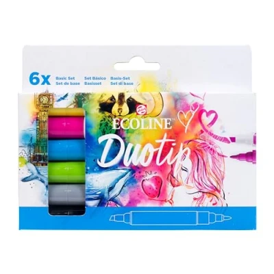 Image of Ecoline Duotip Liquid Watercolor Markers Set of 6 Basic Colors Pens with Fine Bullet and Broad Chisel Nib