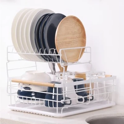 Image of Navaris 2 Tier Dish Rack Compact Drying Kitchen Board with Drip Tray &amp; Cutlery Holder Easy to Assemble and Clean Dishes Sink Drainer White