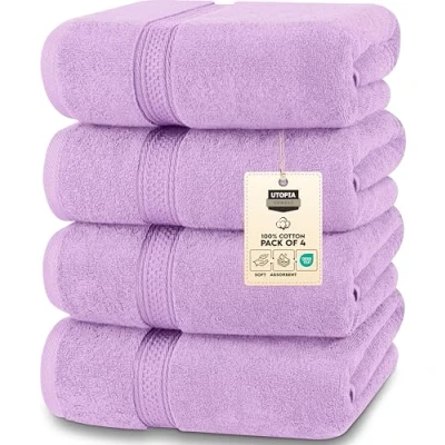Image of Utopia Towels 4 Pack Premium Bath Set, (27 x 54 Inches) 100% Ring Spun Cotton 600GSM, Lightweight and Highly Absorbent Quick Drying Towels, Perfect for Daily Use (Lavender)