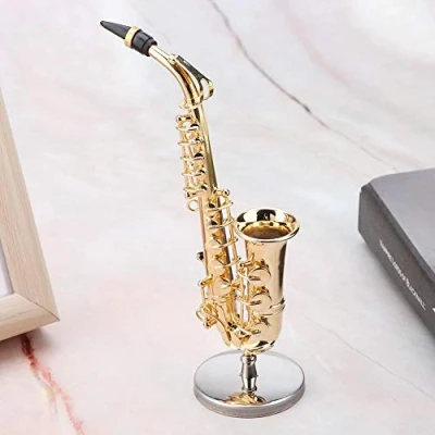 Image of Alto Saxophone with Case, Miniature Replica Stand and Case Gold Plated Instrument Model Ornaments