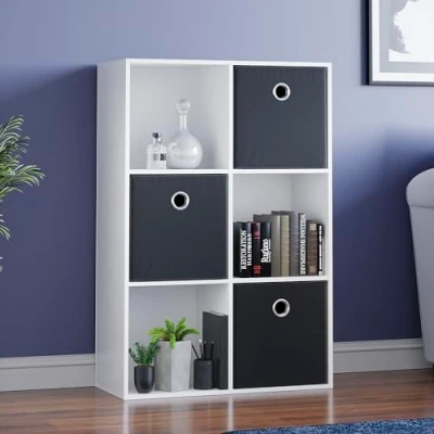 Image of Vida Designs Durham Cube Bookcase Storage Organiser Living Room Bookshelf Home Office Furniture (6 &amp; 3 Black Baskets, White)