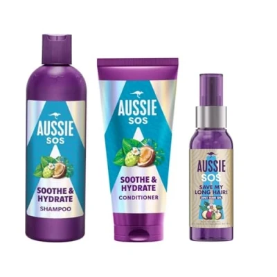Image of Aussie SOS Soothe &amp; Hydrate Bundle contains Shampoo 300ml, Conditioner 200ml Save My Lengths 3 in 1 Hair Oil 100ml, Leaving It Soft, Smooth Shiny