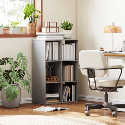 Image of HOMCOM 6 Cube Bookshelf, Modern Freestanding 3 Tier Bookcase, Display Shelving Unit for Living Room, Bedroom, Home Office, Study, Light Grey