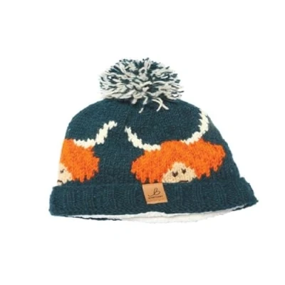 Image of Highland Cow Wool Knit Bobble Hat Blue/Pink