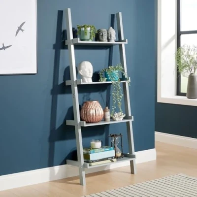 Image of Home Source Ladder Bookcase Shelving Unit Display Ornament Stand Shelf Wall Rack Storage, Grey, 4 Tier