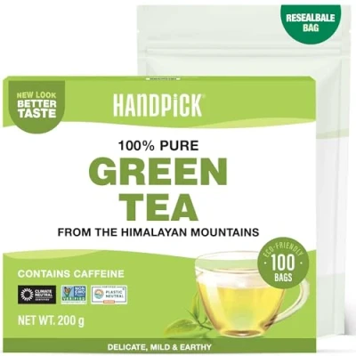 Image of HANDPICK, Green Tea Bags 100 Gluten Free &amp; 100% Pure Round Bags, No Adhesive, Bleach, Strings Brew Hot/Kombucha or Cold